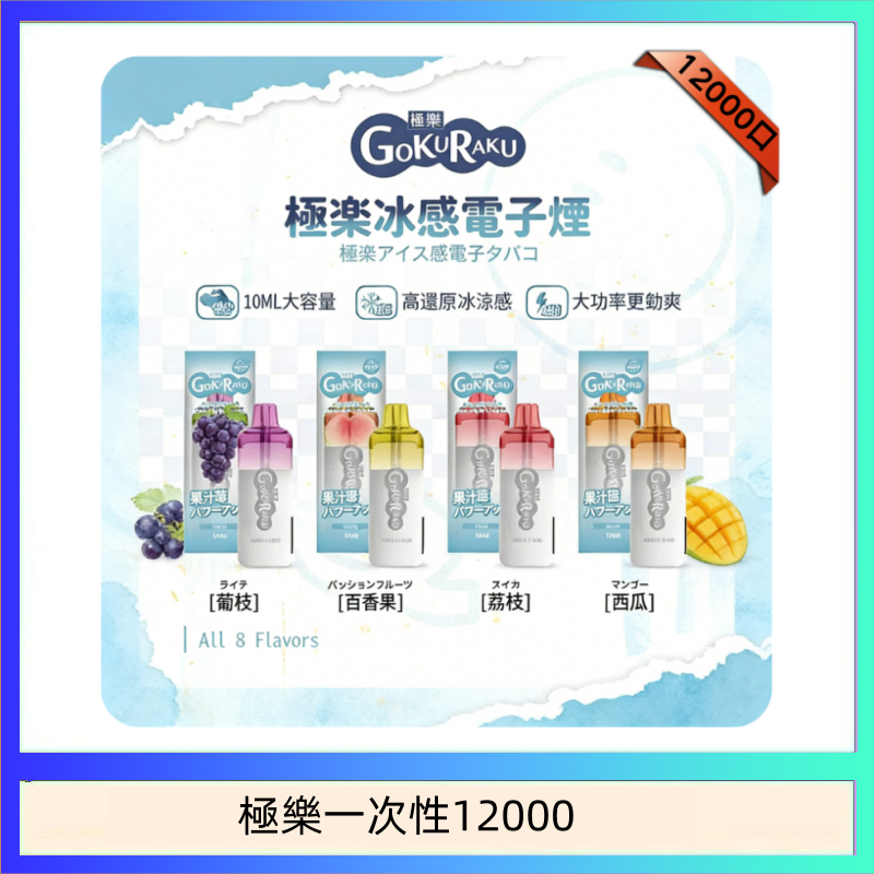 【8種口味】極楽 12000口一次性電子煙|超大容量 |口感絲滑|新品